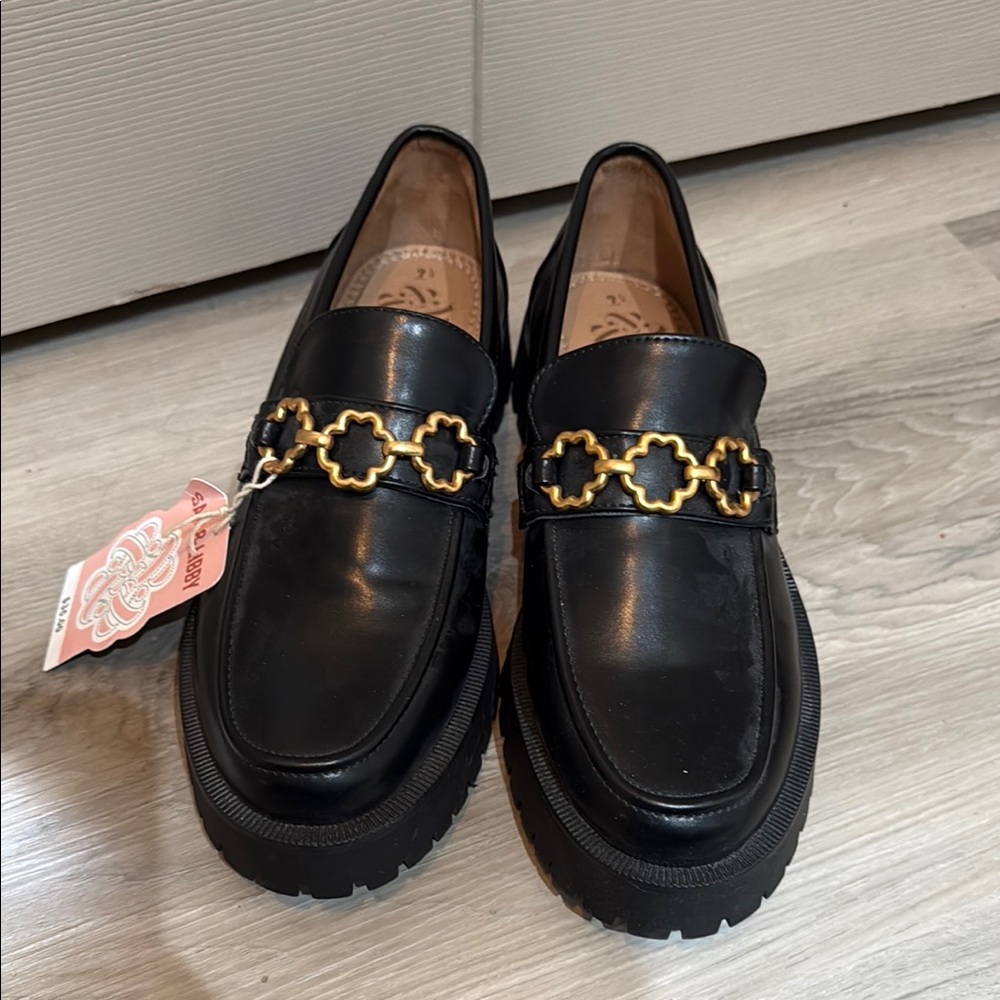 Sam & Libby Black Leather Loafers with Gold-Link Accent